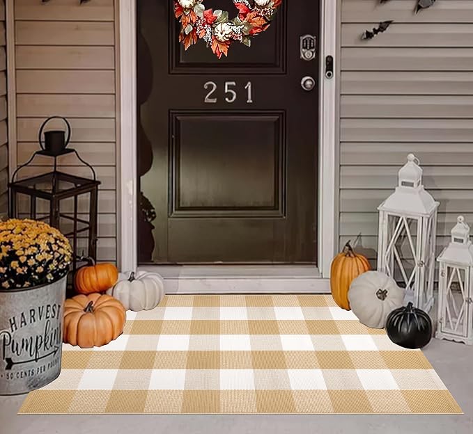 Khaki and White Layered Doormat 27.5''X 43.3''Checkered Farmhouse Porch Rug Cotton Woven Washable Front Door Mat Outdoor for Welcome Door Mat Entryway Bedroom Living Room