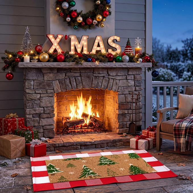 Moucuny 2 Pcs Christmas Coir Doormat Outdoor, Non Slip | Christmas Tree Welcome Coir Door Outdoor Red White Plaid Rug Front Door Porch Entryway Decor, 24'' x 35'', 16'' x 28''