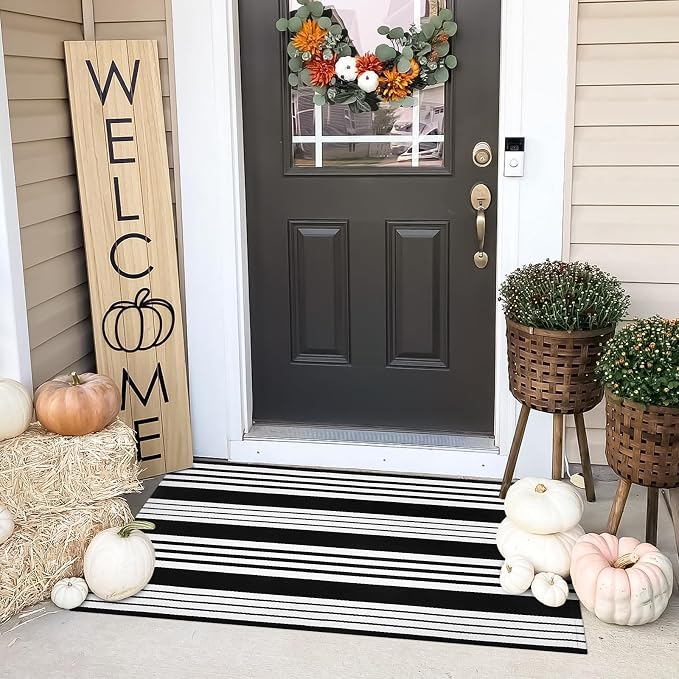 OJIA Front Door Mats 27.5"x43" Black and White Outdoor Rugs Porch Decor | Cotton Woven Front Door Rug Striped Area Rug Machine Washable Layered Doormats for Farmhouse/Kitchen/Entryway/Patio Decor