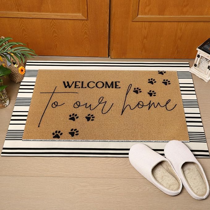 Tinideya 2 Pcs Pet Theme Door Mat Paw Welcome Non Slip Coir Mats Dog Cat Floor Layering Doormats Seasonal for Front Porch Entryway Decor(PET)