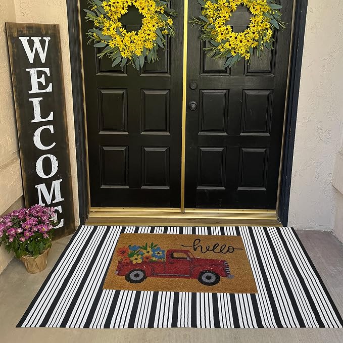 Black and White Striped Outdoor Rug Front Porch Rug 35.4'' x 59'' Front Door Mat Cotton Hand-Woven Reversible Mats for Outdoor,Entryway,Laundry Room,Farmhouse,Kitchen