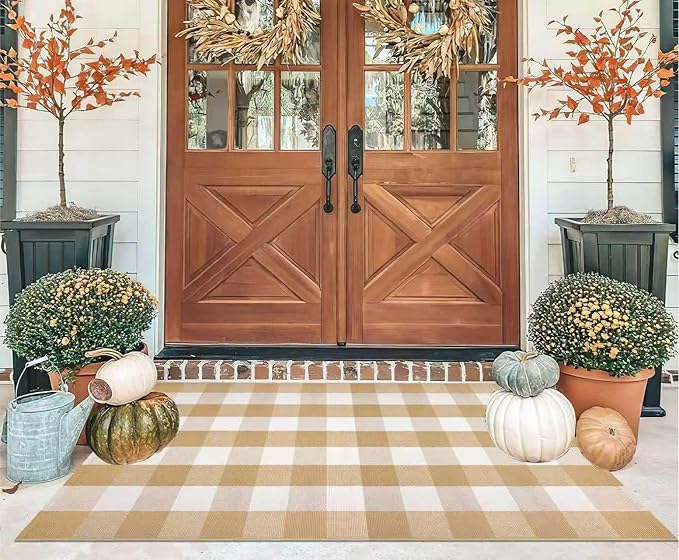 Khaki and White Outdoor Rug 3'x5', Outdoor Porch Rug Cotton Woven Washable Farmhouse Indoor Outdoor Doormat for Front Porch Hello Welcome Layered/Entryway/Bedroom/Living Room/Patio