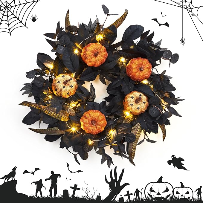 GarveeHome Halloween Wreath for Front Door, 18 in Fall Wreath with Pumpkins and Maple Leaves for Indoor Outdoor Wall Window Porch Patio Garden Farmhouse Home Party Prom Decoration