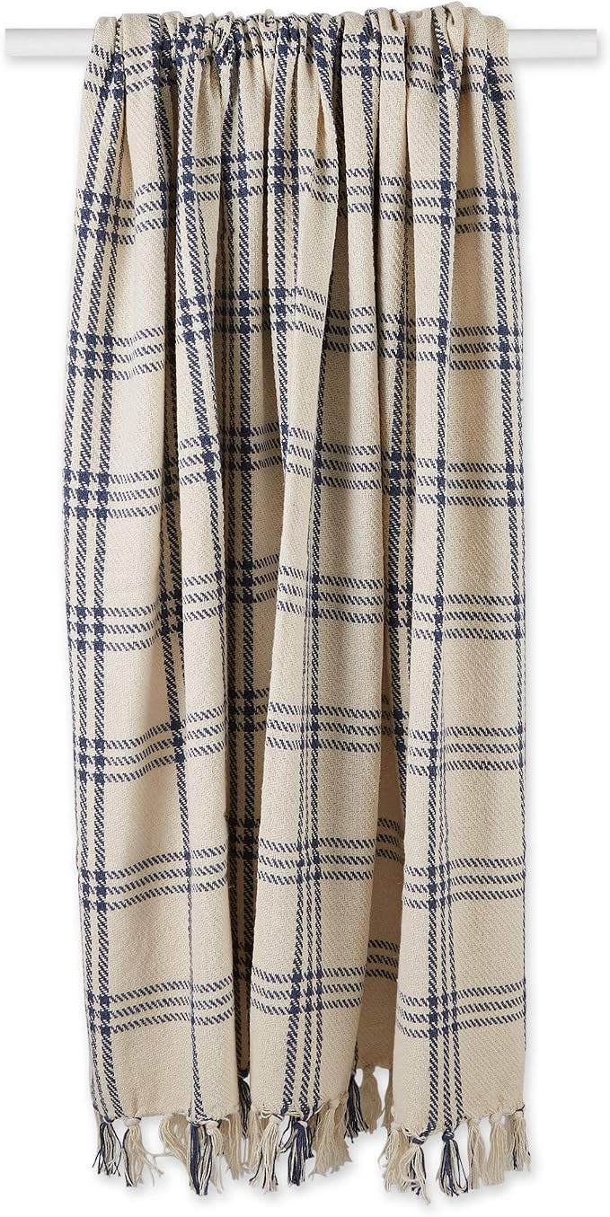 DII Modern Farmhouse Plaid Collection Cotton Fringe Throw Blanket, 50x60, White/French Blue
