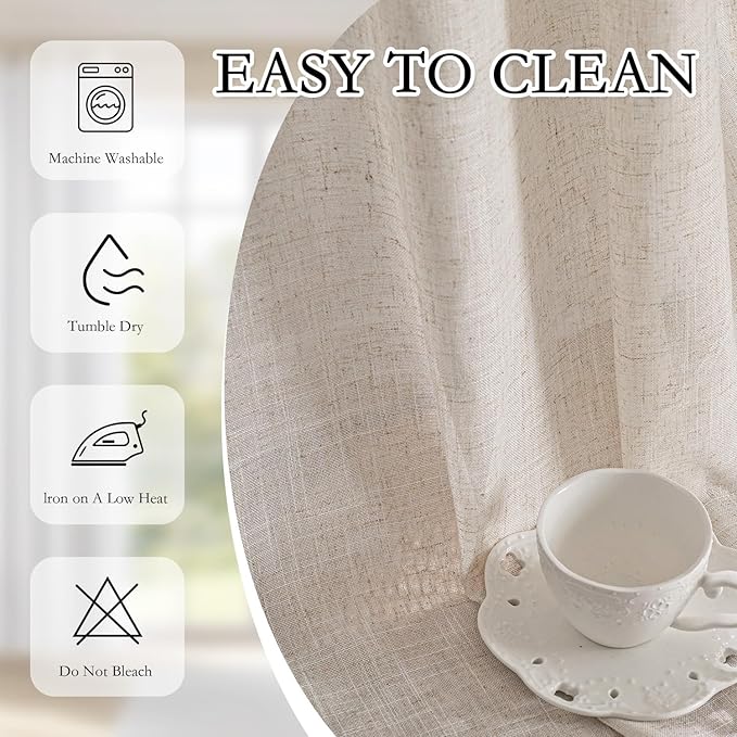 MYSKY HOME 90 Inches Long Curtains for Living Room, Semi Sheer Curtains & Drapes 2 Panels Set Natural Linen Curtain Farmhouse Country Style Back Tab Draperies for Sliding Glass Door, 50" Wide
