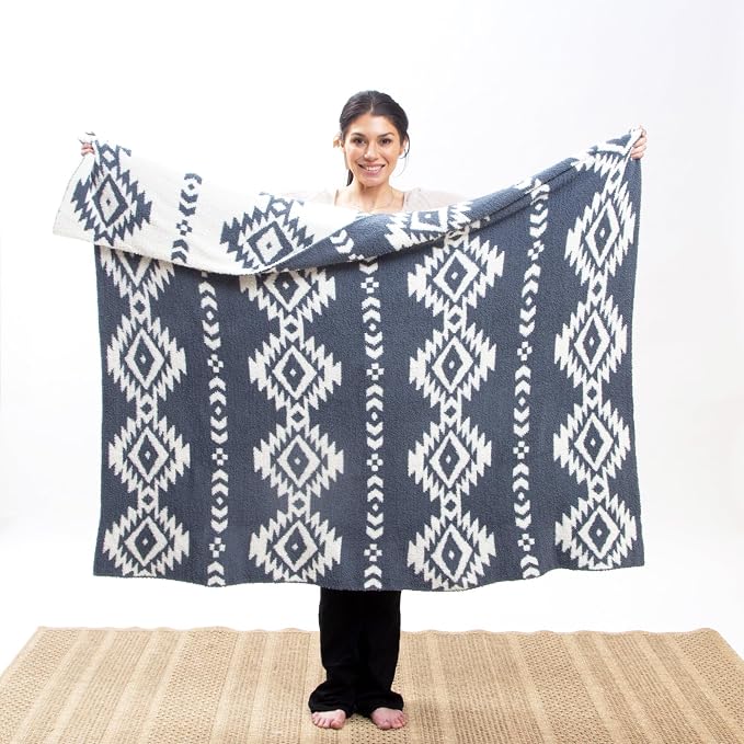 Carstens, Inc. Luxury Soft Stretchy Reversible Plush Throw Blanket, Large 50" x 60", Western Blue Diamond Aztec