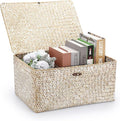Hipiwe Wicker Woven Baskets Bin with Lid Seagrass Storage Basket, X-Large | Natural Decorative Baskets Rectangular Household Basket for Shelf Wardrobe Home Decor, Whitewash