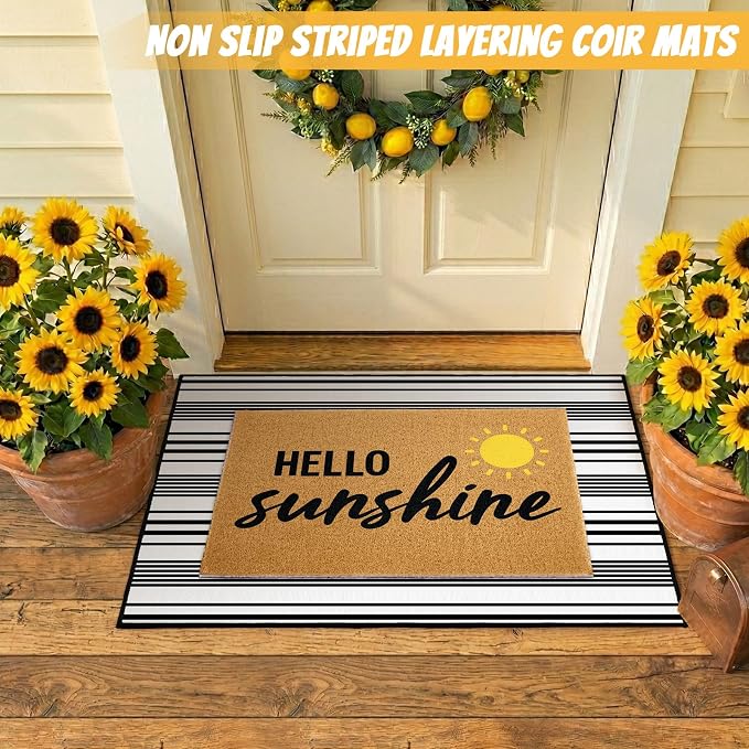 2 Pcs Layered Front Porch Decor, Hello Sunshine Welcome Doormats Summer Coastal Entryway Rug Set, Black and White Striped Crystal Velvet Base and PVC Coil Door Mat, 15.7x23.6 & 23.6x31.5