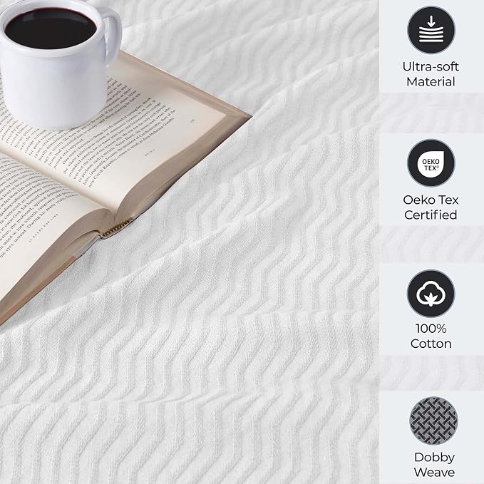 Superior JENA Cotton Blanket, for Picnic, Beach, Traveling or Camping, Bedroom Decor, Essentials, Cover for Bed, Couch, Lounging, Textured Jacquard, Modern Chevron Woven Blanket, Throw, White