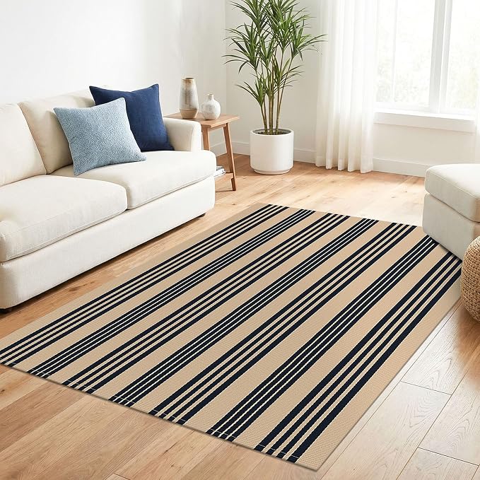 KILOCOCO Striped Rug 4x6 ft Washable Front Door Outdoor Rug, Brown Black | Cotton Front Porch Rug, Woven Living Room Rug, Low Pile Welcome Mat for Entryway, Layered Farmhouse Kitchen Patio Carpet