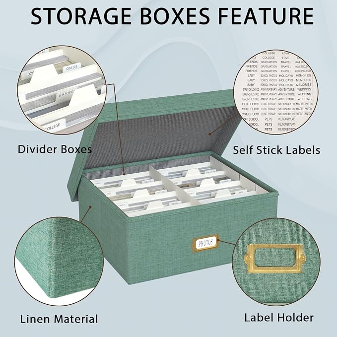 Decorative Photo Storage Box, 2 Pack Linen Photo Box Hold 1700 4x6 Pictures | Photo Storage Containers with 8 Dividers, Memory Keepsake Organizer for Photos, Scrapbook Supplies, Cards, Stamps, Green