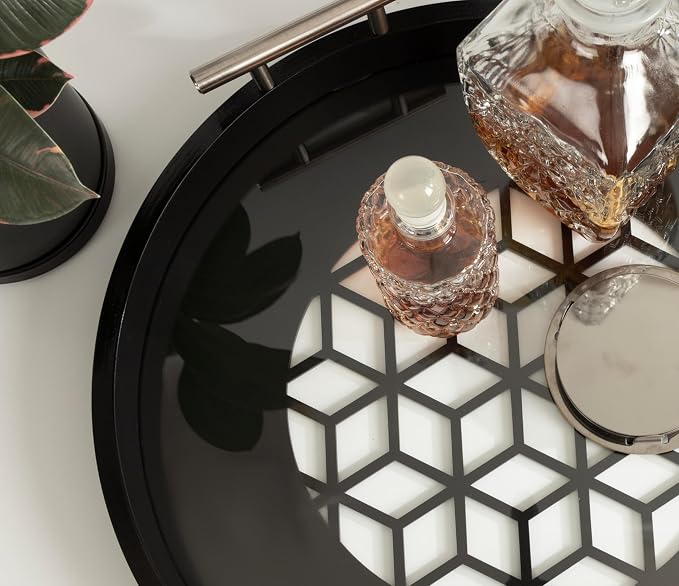Kate and Laurel Caspen Cut Out Pattern Decorative Round Tray with Silver Metal Handles; 16 x 16; Black and Silver; Modern Glam Serving Tray with Handles for Living Room Decor