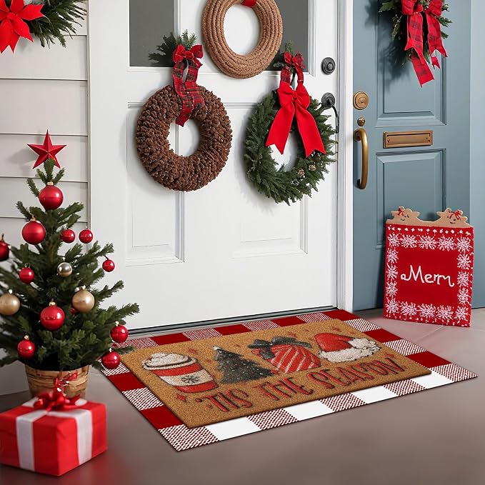 Tinideya 2 Pcs Christmas Layered Doormat Set, Tis the Season Welcome Mat and Red White Plaid Layering Rug, Xmas Front Porch Decorations for Entryway Doorway Outdoor