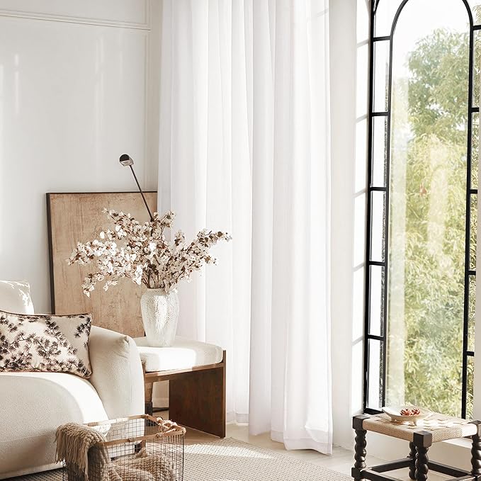 White Curtains 96 inches Long 2 Panels Back Tab Light Filtering Cotton Textured Curtain Modern Farmhouse Coastal Decor Off White Linen Drapes 96 inch Length for Patio Sliding Door Office Bedroom