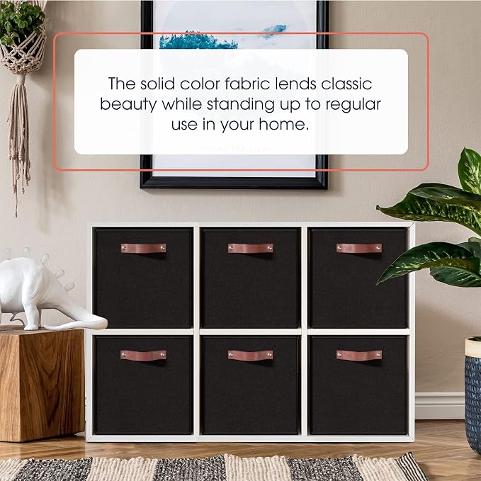 Ornavo Home 13x13 Foldable Fabric Storage Cube Bins, 6 Pack, Black | Collapsible Linen Shelf Basket Organizer; Leather Handles; Ideal Cube Storage For Closet