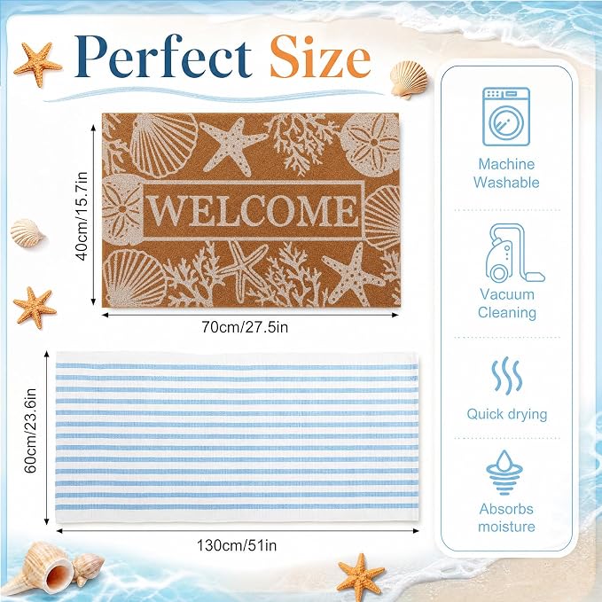2 Pcs Outdoor Door Mat Combo Set Layered Outdoor Rug and Coir Welcome Doormat Non Slip Outside Floor Mat for Front Porch Entryway Patio Yard Decor(Summer Beach,24'' X 51',18'' X 28'')