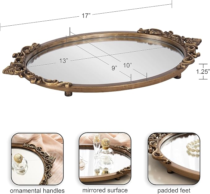 Kate and Laurel Arendahl Vintage Oval Mirrored Decorative Tray; 17 x 10; Antique Gold; Traditional Ottoman Tray for Living Room Home Decor with Ornate Detailing
