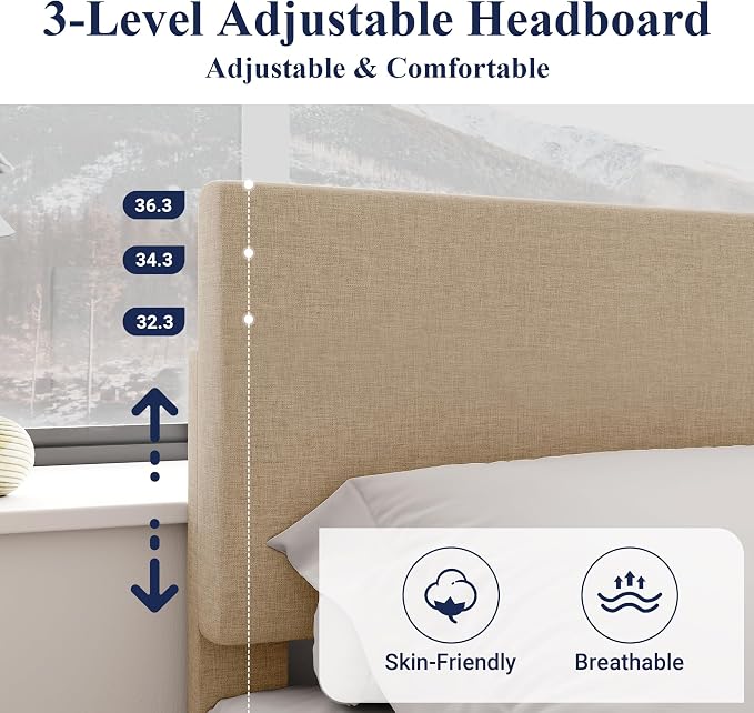 Allewie King Size Upholstered Bed Frame Adjustable Headboard, Beige | Platform Bed with Heavy Duty Mattress Foundation, Noise-Free, Easy Assembly, Wood Slat Support, No Box Spring Needed