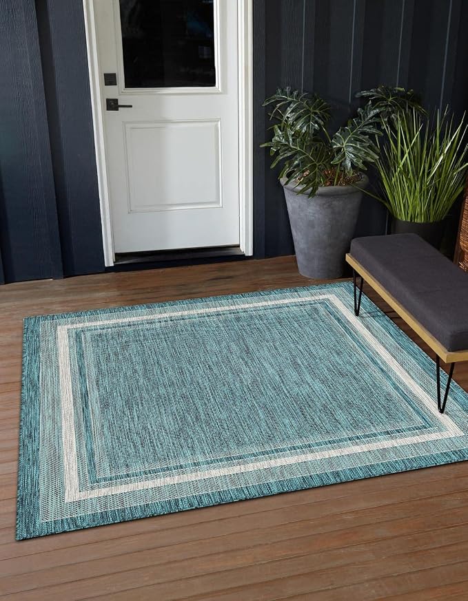 Unique Loom Outdoor Border Collection Area Rug - Soft Border (13' Square, Teal/ Ivory)