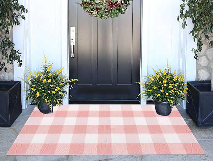 Pink and White Buffalo Outdoor Rug 24''x51''Checkered Plaid Front Porch Rug Cotton Woven Machine Washable Door Mat Outdoor for Layered Doormat Hello Welcome Door Mat Kitchen Farmhouse Entryway