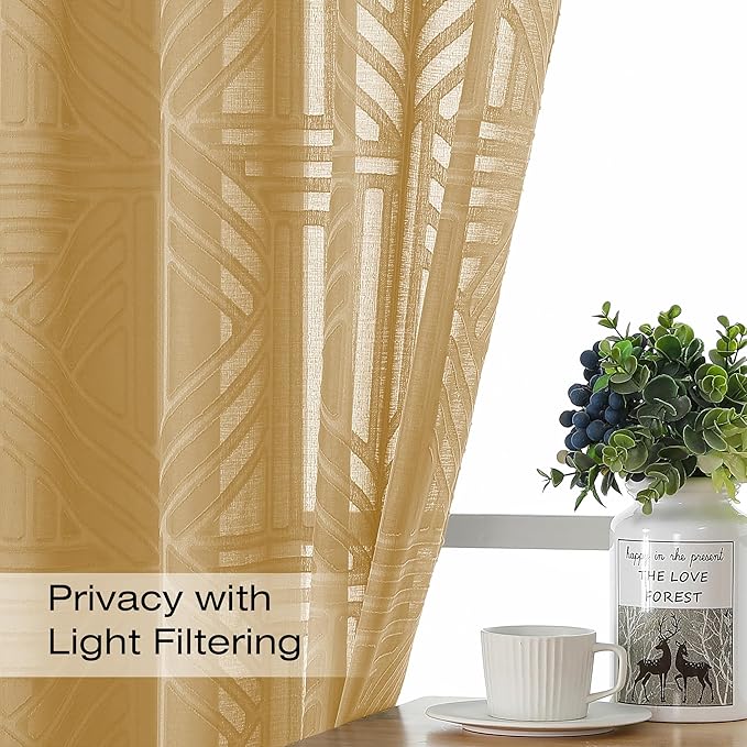 Simplebrand Semi Sheer Gold Curtains 36 Inch Length 2 Panels, Geometric - Image 3