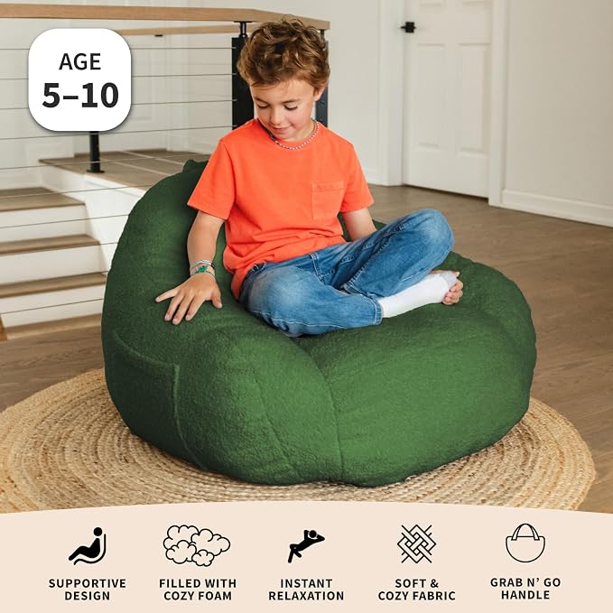 Big Joe Cloudberry Bean Bag Chair, Foam-Filled Structured Seat, Teddy Boucle, Matcha Green, Kids