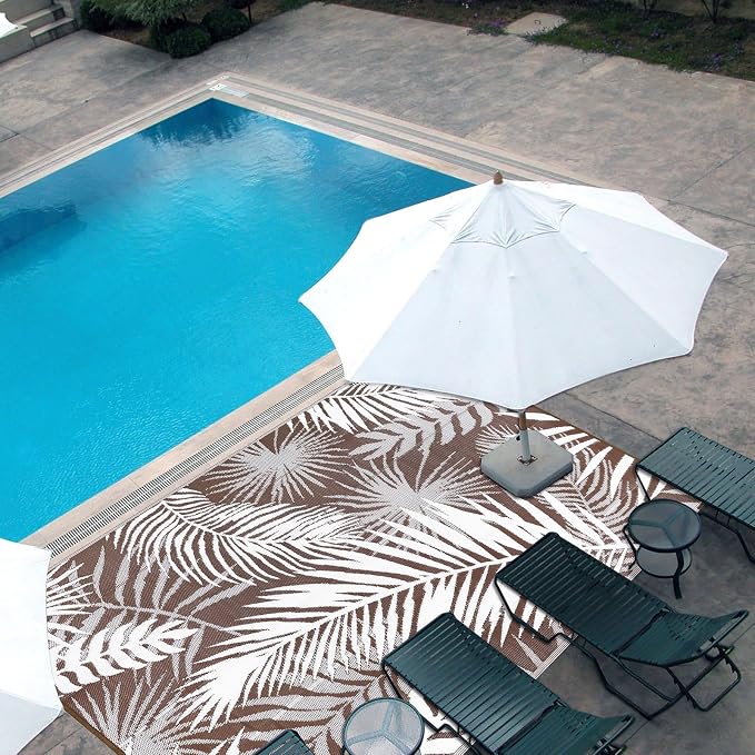 Outdoor Rug Waterproof for Patios Clearance, Reversible Outdoor Plastic Straw Rug Camping Carpet, Outside Floor Mats Large Area Rugs for RV,Patio,Deck,Porch,Beach,Balcony，10'x8',Brown&White