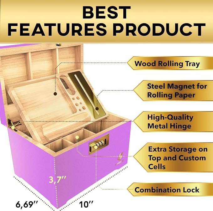 HOVANZO Premium Large Bamboo Storage Box with Organizer Tray - Storage Wood Box and Accessories - Decorative Box with Combination Lock - Large Wooden Container - Box Kit with Glass Jars