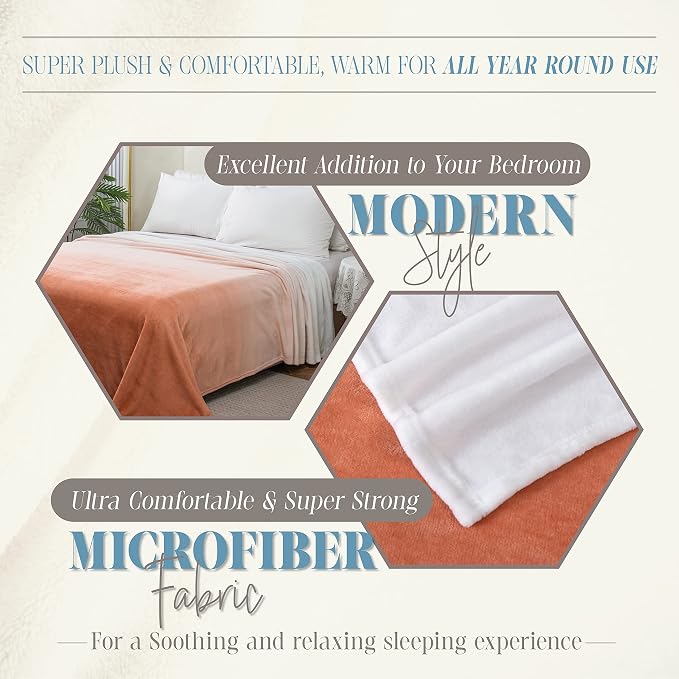 Elegant Comfort Luxury Velvety Feel Blanket, All-Season Lightweight Blanket, Ultra Plush, Soft, Cozy-Fuzzy Flannel Fleece for Couch, Sofa, Bed, Travel, Ombre Design, Full/Queen, Dusty Rose