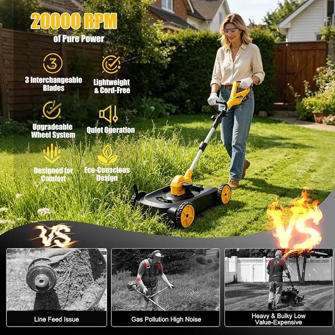 Cordless Lawn Mower (Compatible with DEWALT Battery), 1000W Brushless String Trimmer & Wheeled Edger Combo Kit, with 3-Position Cutting Height & LCD Display, Electric Weed Wacker for Garden(Tool Only)