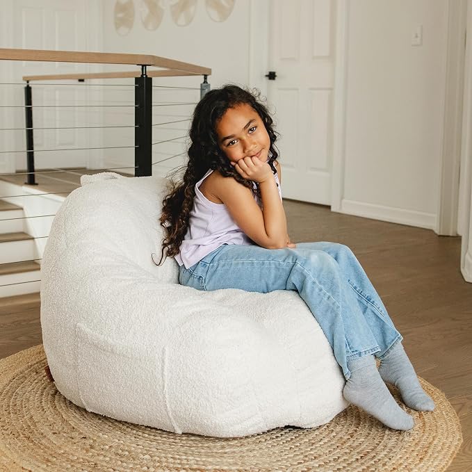 Big Joe Cloudberry Bean Bag Chair, Foam-Filled Structured Seat, Teddy Boucle, Icing, Kids | Premium Shredded Foam Filled, Teddy Boucle, Safe for Kids Ages 3 and Up, Supports Up to 150 lbs, Perfect for Bedroom