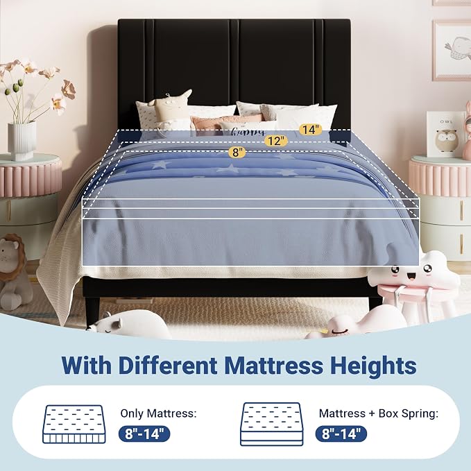 Allewie Twin Size Platform Bed Frame with Adjustable Headboard | Plush Velvet Upholstered, Vertical Channel Tufted, Sturdy Wood Slats, No Box Spring Needed, Easy Assembly, Black