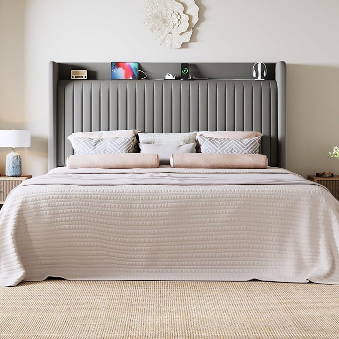 Allewie King Size Platform Bed Frame with USB Charging Station and Storage Shelf/Upholstered Velvet Wingback Headboard/Wooden Slats Support/No Box Spring Needed/Easy Assembly, Grey