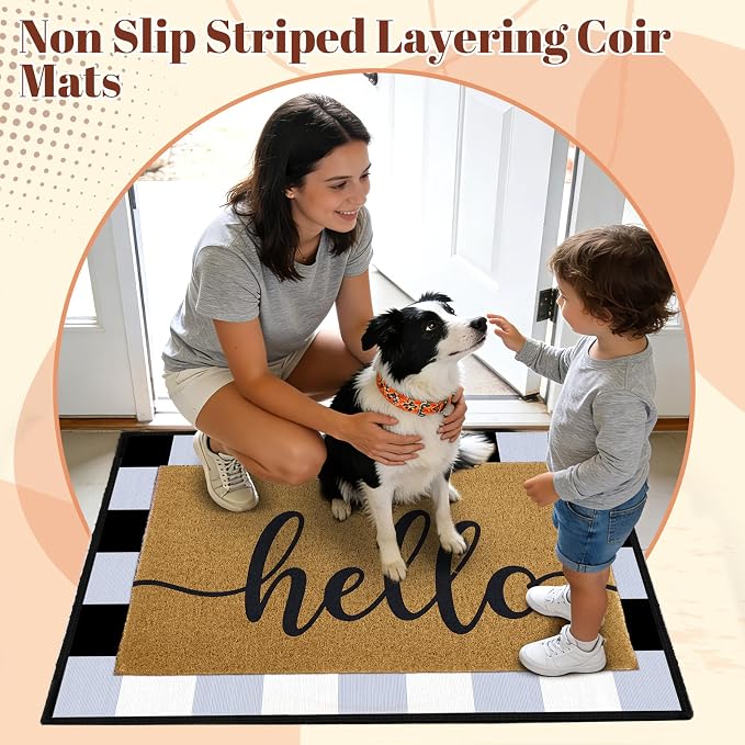 2pcs Layered Doormat Set, Welcome Door Mat for Outdoor Front Door, 16x24 PVC Coil & 24x32 Crystal Velvet Non-Slip Layering Entry Mats for Farmhouse Porch Decoration（Hello, Buffalo Plaid）