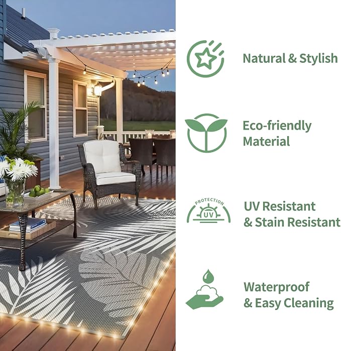 GENIMO Outdoor Rug, Waterproof Plastic Rugs for Patio, 6'x9' Led Grey White | Outside Larger Leaf Carpet Mat for Porch Decor, Deck, Balcony, Camping, RV, Backyard, Picnic, Beach, Reversible, Foldable