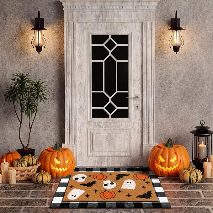 Tinideya 2 Pcs Halloween Door Mat Ghost Skull Pumpkin Bat Welcome Non Slip Coir Mats Fall Floor Layering Doormats for Front Porch Entryway Decor(Cute Ghost)