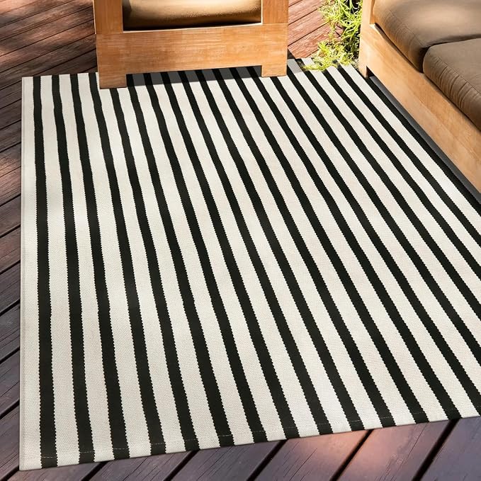 OJIA Washable Area Rugs 4'x6' Black and Cream Outdoor Rug Porch Patio Decor | Cotton Woven Entryway Rugs Indoor Striped Patio Rug Carpet for Bedroom/Front Porch/Deck/Backyard/Home Outside Entrance Decor