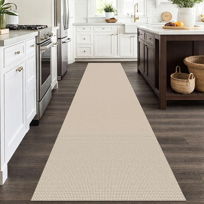 IOHOUZE Washable Runner Rug 2.6x12 Non Slip Rubber Backed Extra Long Hallway Runner Entryway Runner Indoor, Kitchen Rugs Woven Cotton Floor Carpet for Hall Entrance, Cream/Beige
