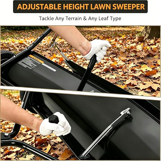 44" Large Capacity Pull Behind Lawn Sweeper with Adjustable Sweeping Height - Leaf & Grass Collector with Dumping Rope Design for Picking Up Grass and Debris
