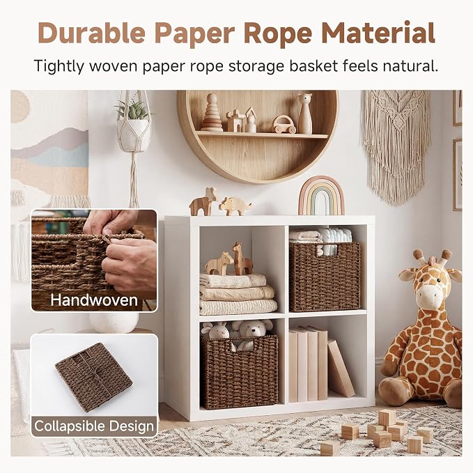 StorageWorks 11 inch Cube Storage Bins,Wicker Storage Cubes 11x11x11,Brown | 2-Pack,Handwoven Square Cubes Baskets,Foldable Paper Rope Baskets for Organizing,Square Baskets,Wicker Basket for Storage