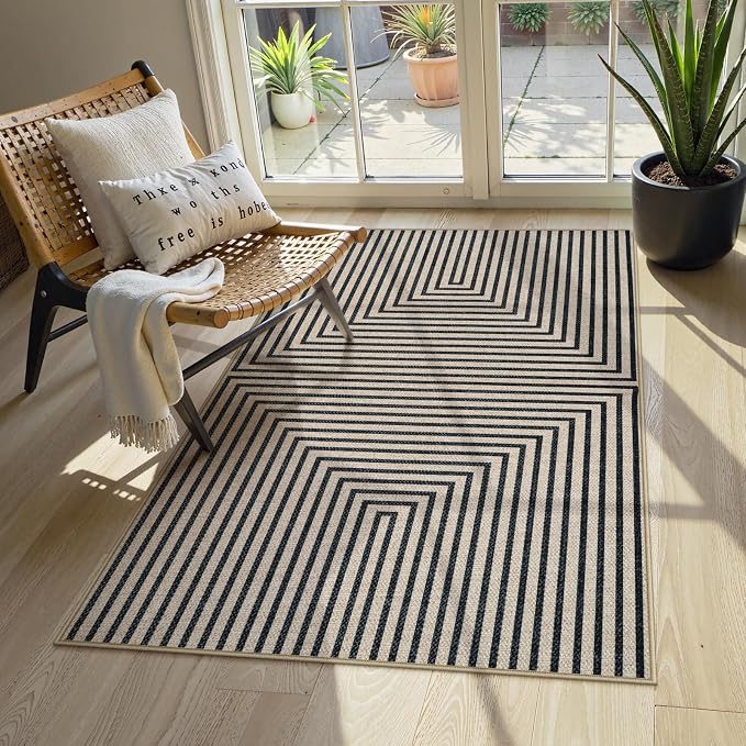 Collive 3x5 Easy Jute Outdoor Entryway Rug, Washable Modern Geometric Indoor Carpet Black Neutral Small Area Rugs, Non Slip Woven Kitchen Mats for Entrance Bedroom Kids Room Patio Decor