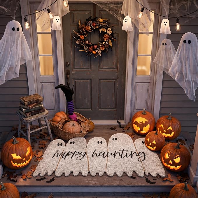 Ceenna Halloween Doormat Coir Happy Haunting Ghost Doormat Funny Ghost Door Mat Non Slip Floor Mat for Halloween Haunted House Indoor Front Door Entrance Decor, 16 x 28 Inch