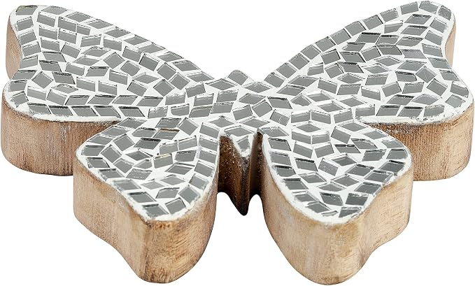 Decorative Sculpture Table Top – Glass Mosaic Butterfly Overmantel Modern Coffee Table Decor - Mango Wood Accent Piece for Coffee Tables, Shelves & Living Rooms – Elegant Home Decor – 5", White