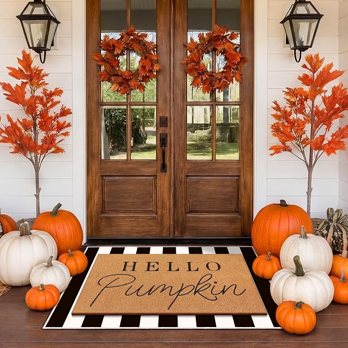 Tinideya 2 Pcs Fall Pumpkin Layering Door Mat, Hello Pumpkin Welcome Coir Mats with Black and White Non Slip Rug for Autumn Front Porch Entryway Decor