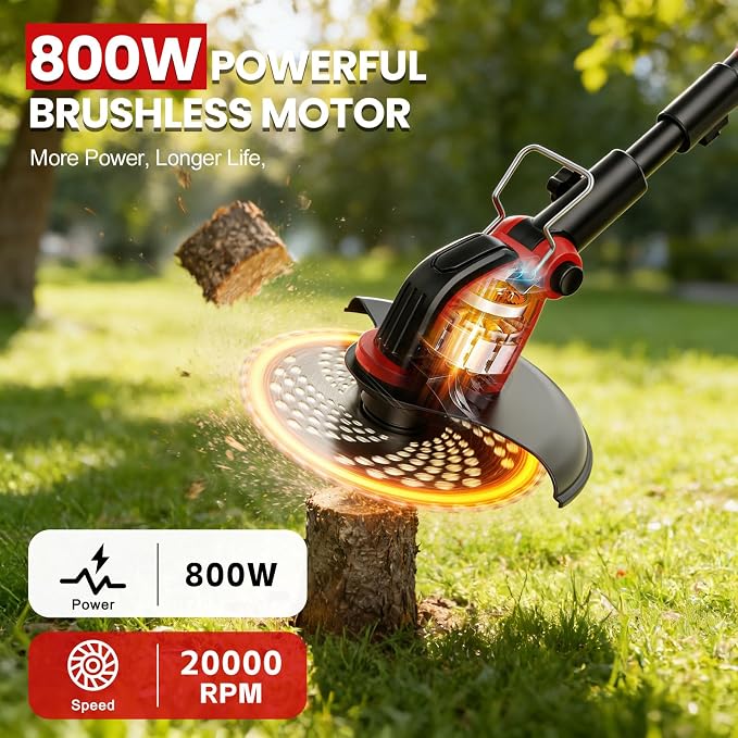 12-Inch Weed Wacker with Wheels, 2x3.0Ah 21V Battery Powered Weed Eater, Cordless Lawn Mower with 4 Types Blades, 20000RPM Electric Brush Cutter Grass Trimmer for Garden Yard