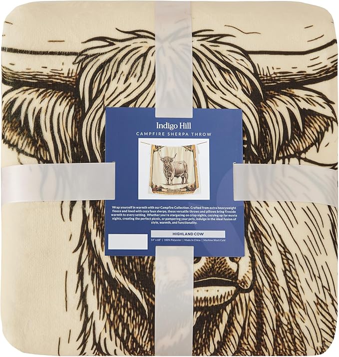 Indigo Hill by HiEnd Accents, Highland Cow Western Blanket, Soft Fleece Throw, Vintage Grand Livestock Auction Print Sherpa Throw Blanket for Couch, Sofa, Bed, 54x68 inch