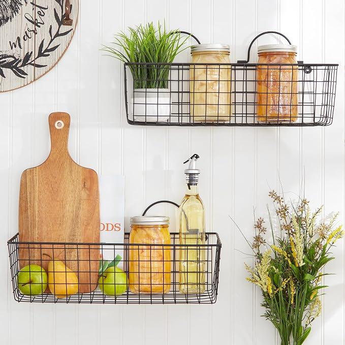 DII Farmhouse Vintage Décor, Wire Wall Basket, Assorted, Black, 2 Piece (Pack of 2)