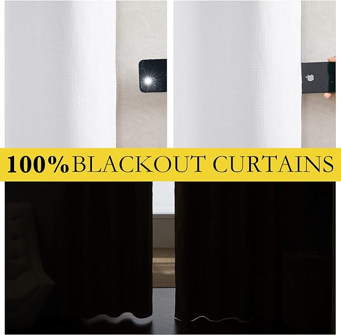 NICETOWN 100% Absolutely Blackout Linen Curtains with Thermal Insulated White Liner, White, 52" Wide, Long Curtains 80" Long 2 Panels Set for Living Room, Thermal Insulated Privacy Drapes for Bedroom