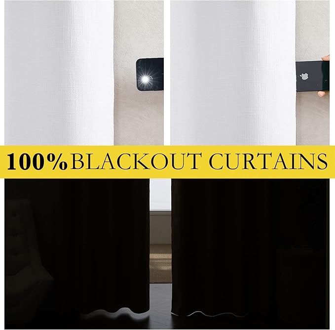 NICETOWN 100% Absolutely Blackout Linen Curtains with Thermal Insulated White Liner, White, 52 inches Wide, 45 inches Length Energy Saving Curtains for Cafe 2 Panels Set, Vertical Blinds