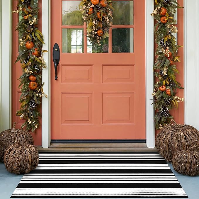LEEVAN 3'X5' Black and White Striped Woven Cotton Reversible Outdoor Rug | Small Machine Washable Front Porch Rug, Entryway Door Mat, Indoor Layering Carpet for Farmhouse Bathroom Laundry
